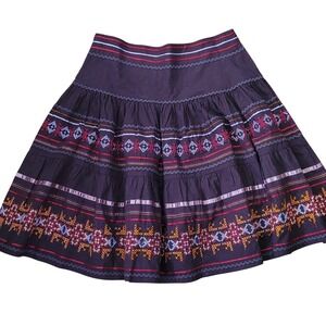 Boho Folk Midi Skirt Brown Cross Stitch Embroidered Ribbon Trim Size M